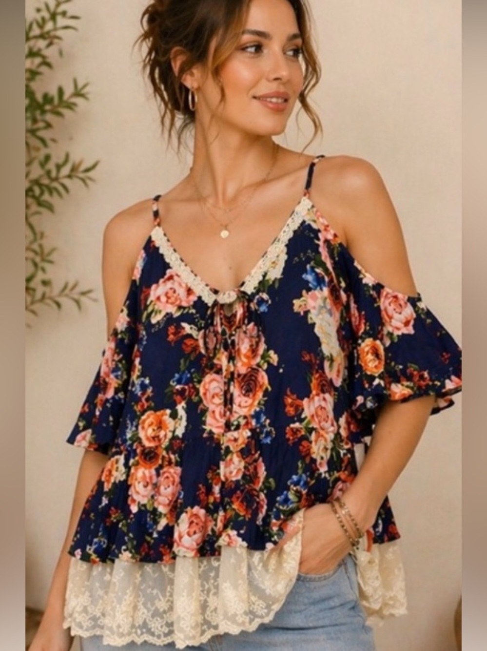 Umgee Navy Floral Cold Shoulder Boho Top Lace Hem Romantic Blouse NWT
